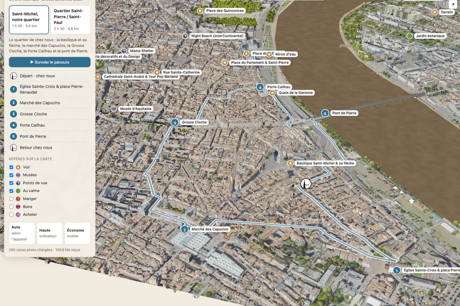 Aperçu du parcours Saint-Michel et les quais dans la carte 3D de Bordeaux